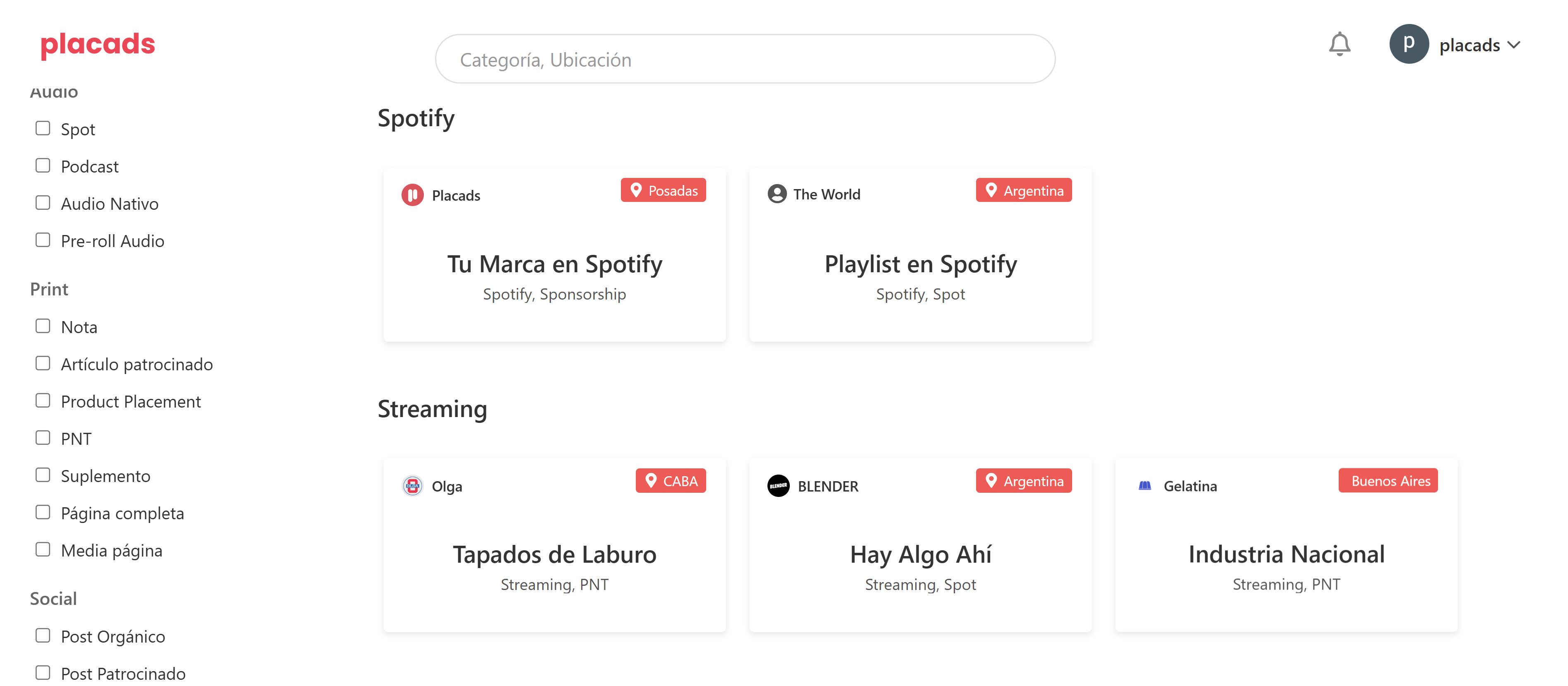 Lista de espacios en Placads
